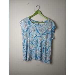 Cynthia Rowley Floral 100% Linen Blouse Top Women's Large Blue White